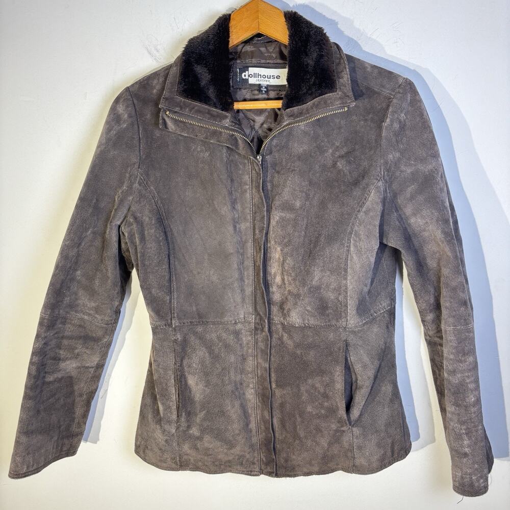 Vintage Chocolate Brown Suede Leather Faux Fur Collar Jacket Size Small